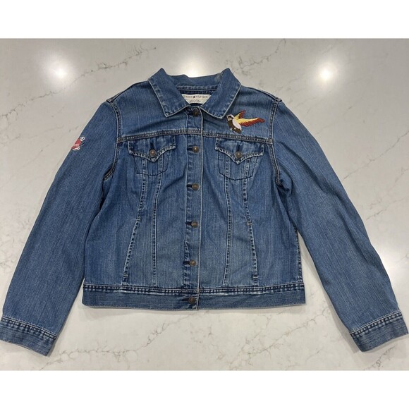 Tommy Hilfiger Womens Embroidered Y2K Jean Denim Jacket Distressed Sz L - Picture 1 of 14